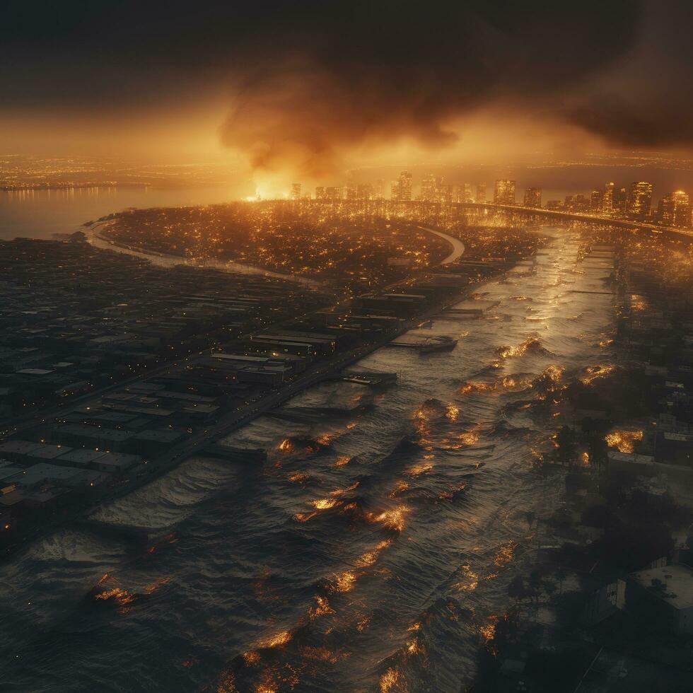 Post apocalypse. Nuclear apocalypse survivor. Ruined Cityscape. Concept. Banner size. Header, A nuclear explosion in the center of the metropolis. The beginning of apocalyptic, generate ai photo