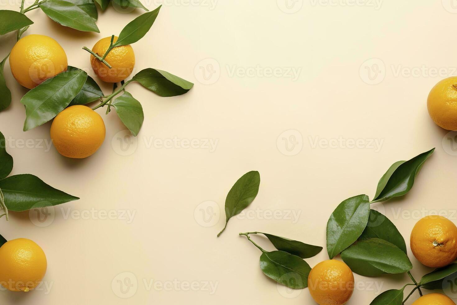Whole orange yellow tangerines with green leaves on pastel beige background, copyspace. Citrus fruits mandarines as minimal food frame background, empty space, above view, generate ai photo