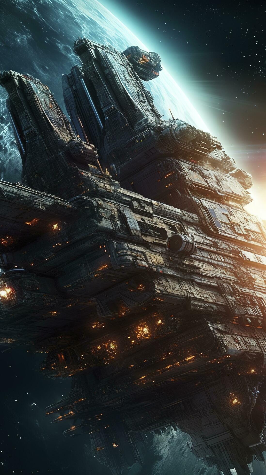 SuperHumanEpoch: Cinematic Still, intense space battle between two massive  battleships, starry sky, nebulae, galaxies, HDR futuristic space battleship  destroyers traveling through an asteroid field, planer in the isolated  blurred background