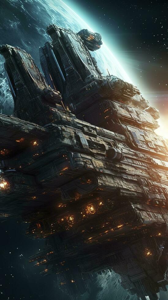 Cinematic Still, intense space battle between two massive battleships,  starry sky, nebulae, galaxies, HDR futuristic space battleship destroyers  traveling through an asteroid field, generate ai 24355281 Stock Photo at  Vecteezy