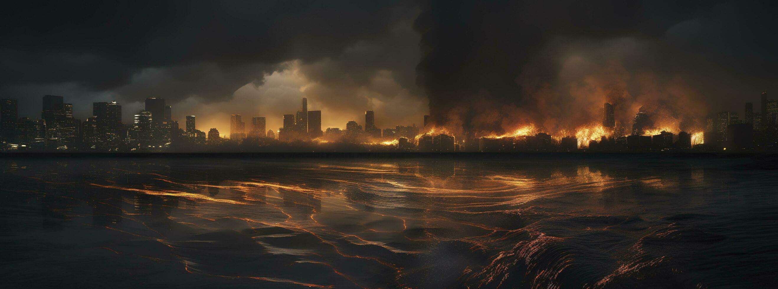 Post apocalypse. Nuclear apocalypse survivor. Ruined Cityscape. Concept. Banner size. Header, A nuclear explosion in the center of the metropolis. The beginning of apocalyptic, generate ai photo