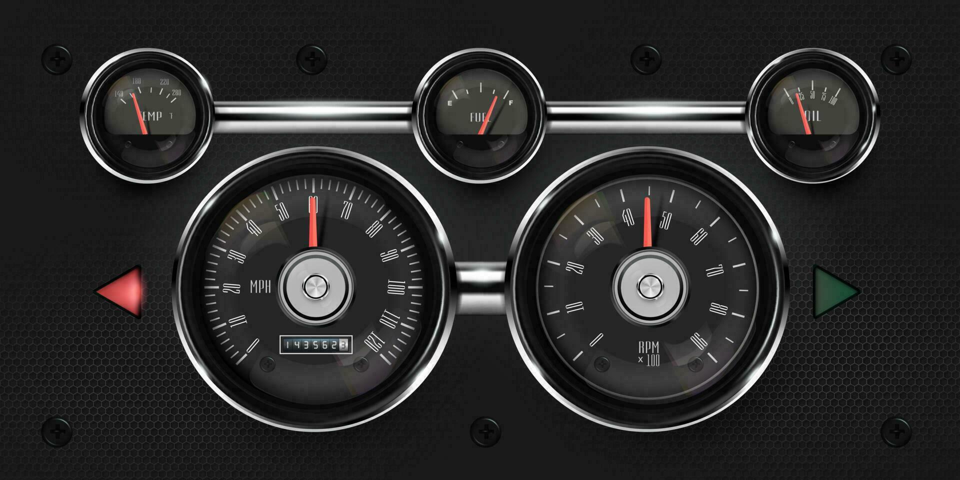 Dashboard of a retro car with arrow indicators. Vintage transport decoration vector