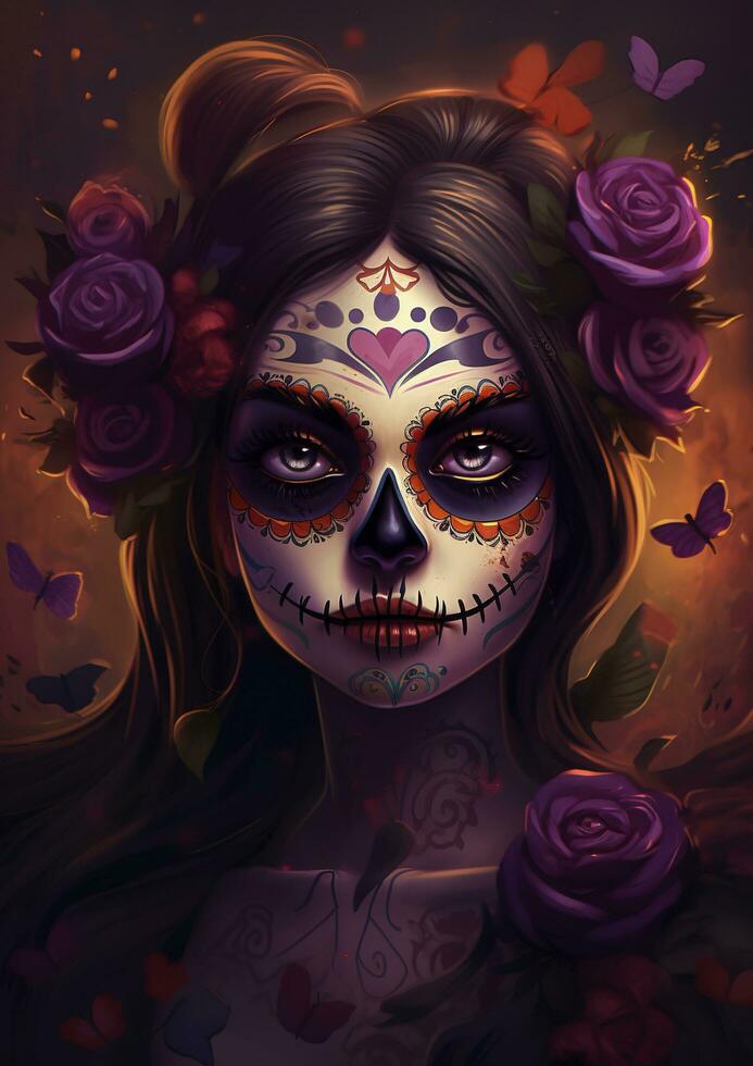 Day of the Dead skulls. Dia de los Muertos. Day of the Dead and Mexican Halloween background. Mexican tradition festival. Day of the dead sugar skull. Dia de los Muertos, generate ai photo