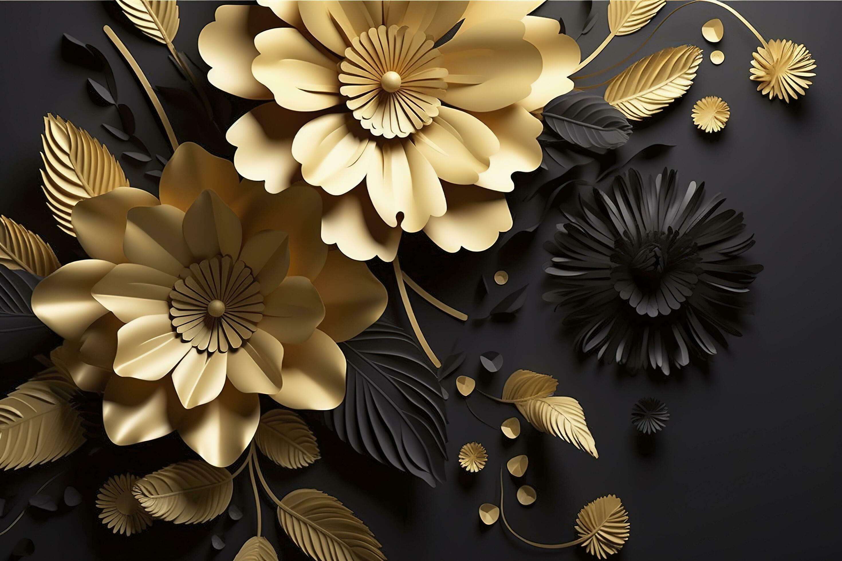 Cuadro de pared 3D decoración de flores de metal negro/oro/plata (A/H/D)  115x56x4cm