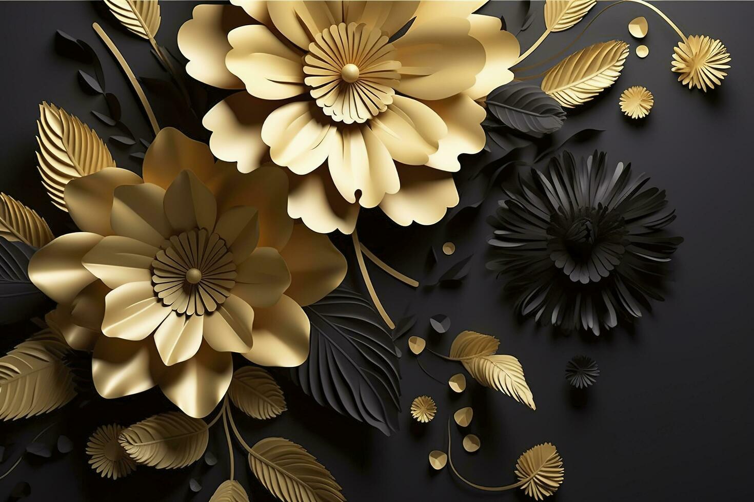 3d mural floral wallpaper. golden and black flowers and leaves. 3d render background wall decor, generate ai photo