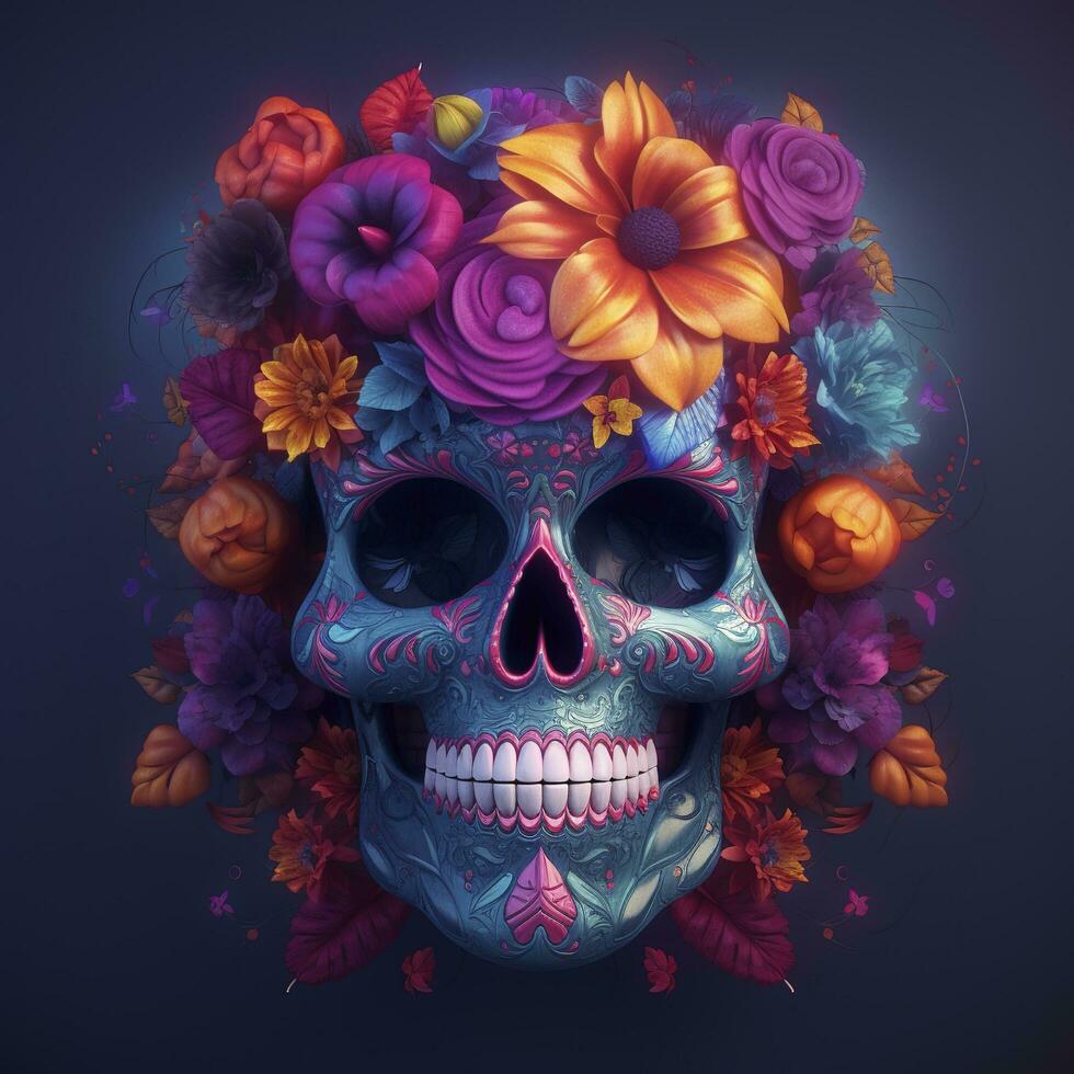 Day of the Dead skulls. Dia de los Muertos. Day of the Dead and Mexican Halloween background. Mexican tradition festival. Day of the dead sugar skull. Dia de los Muertos, generate ai photo