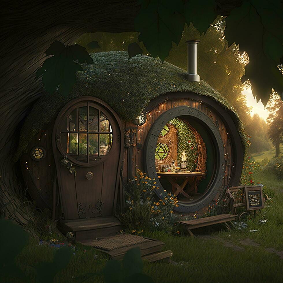 Concept art illustration of hobbit house, generate ai photo