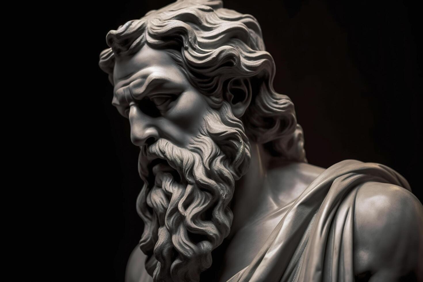 Head of greek god sculpture, statue of a man with long beard on dark background. photo