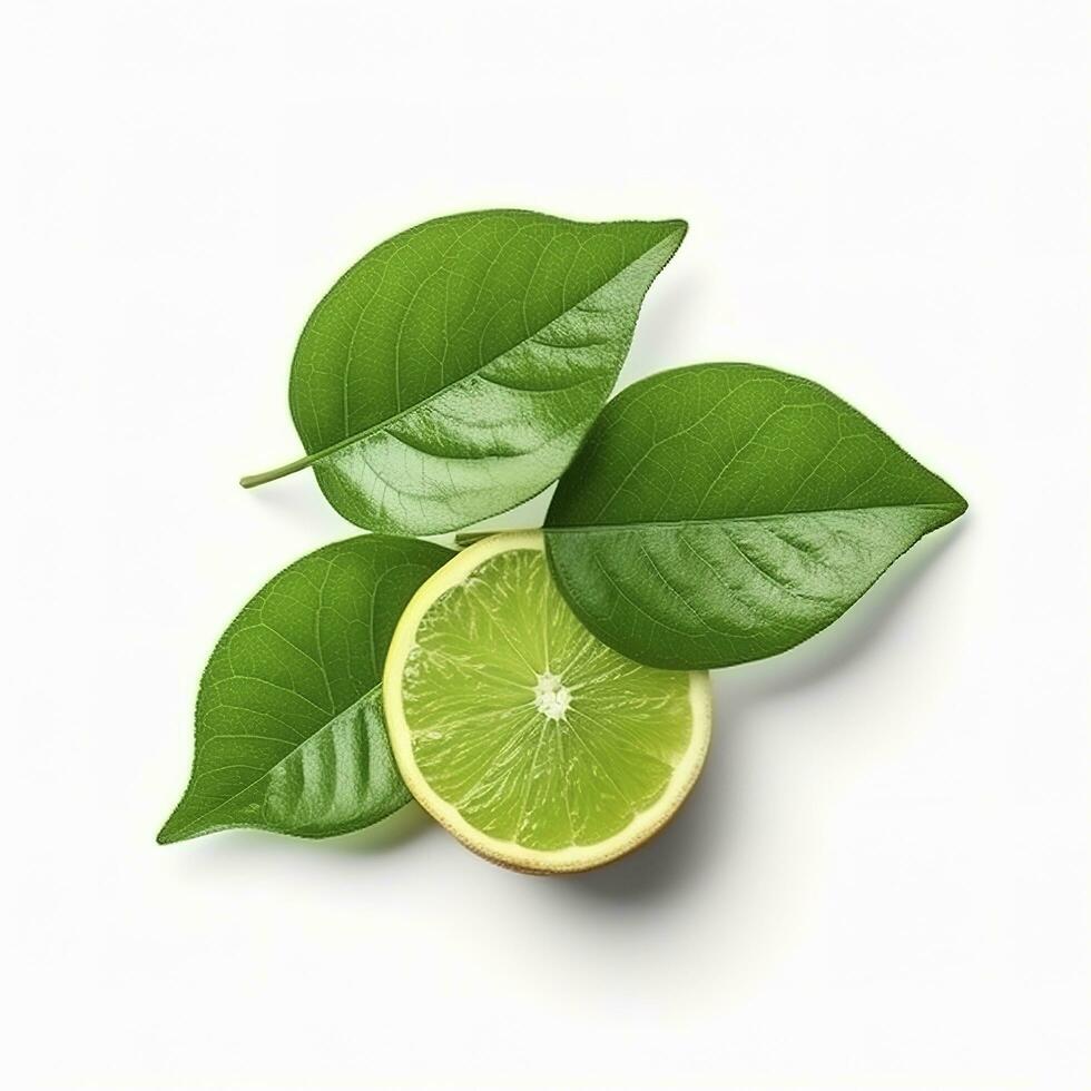 Fresh lemon with green leaves isolated on white background, generate ai photo
