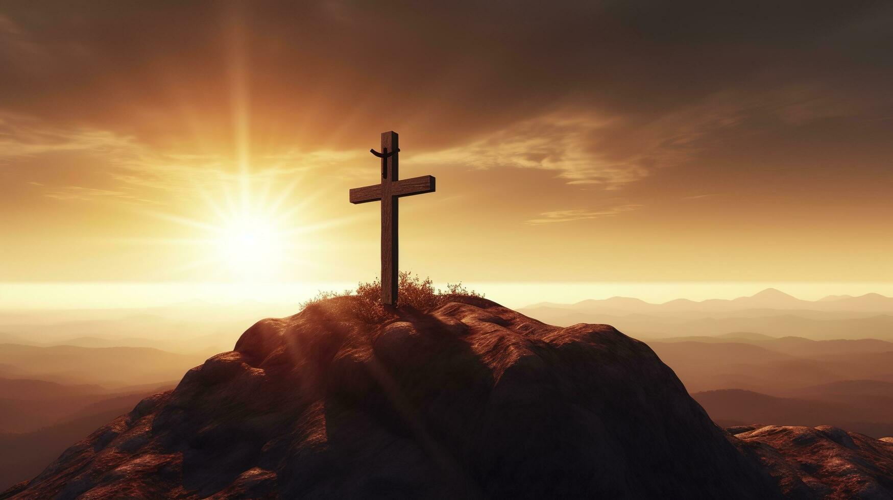 Silhouettes of crucifix symbol on top mountain with bright sunbeam on the colorful sky background, generate ai photo