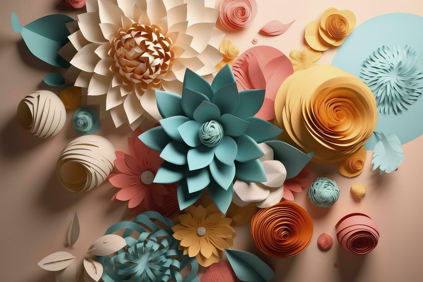 3d floral craft wallpaper. orange, rose, green and yellow flowers in light background. for kids room wall decor, generate ai photo