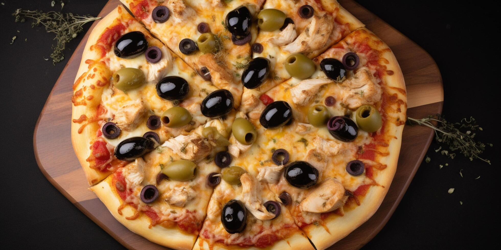 un Pizza con Tomates y aceitunas ai generado foto