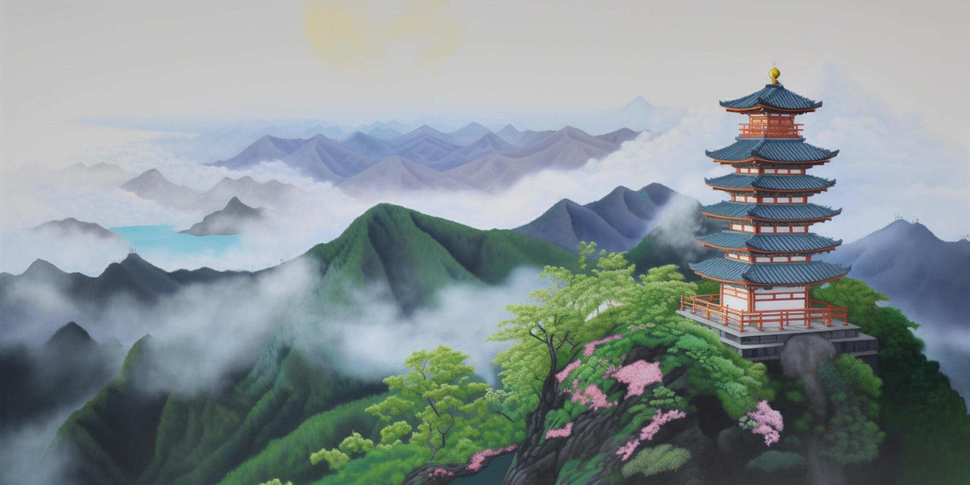 Painting of japanese temple on a mountain photo