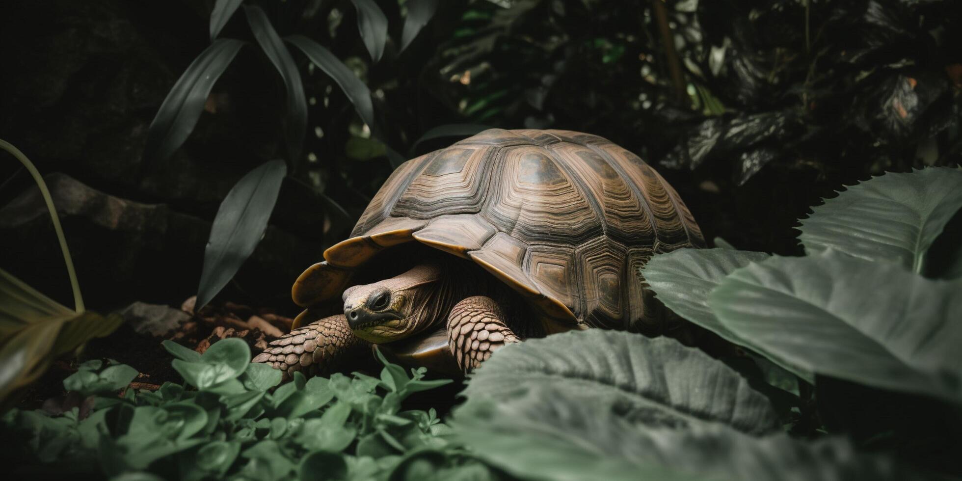 A tortoise in the jungle with a sunshine photo