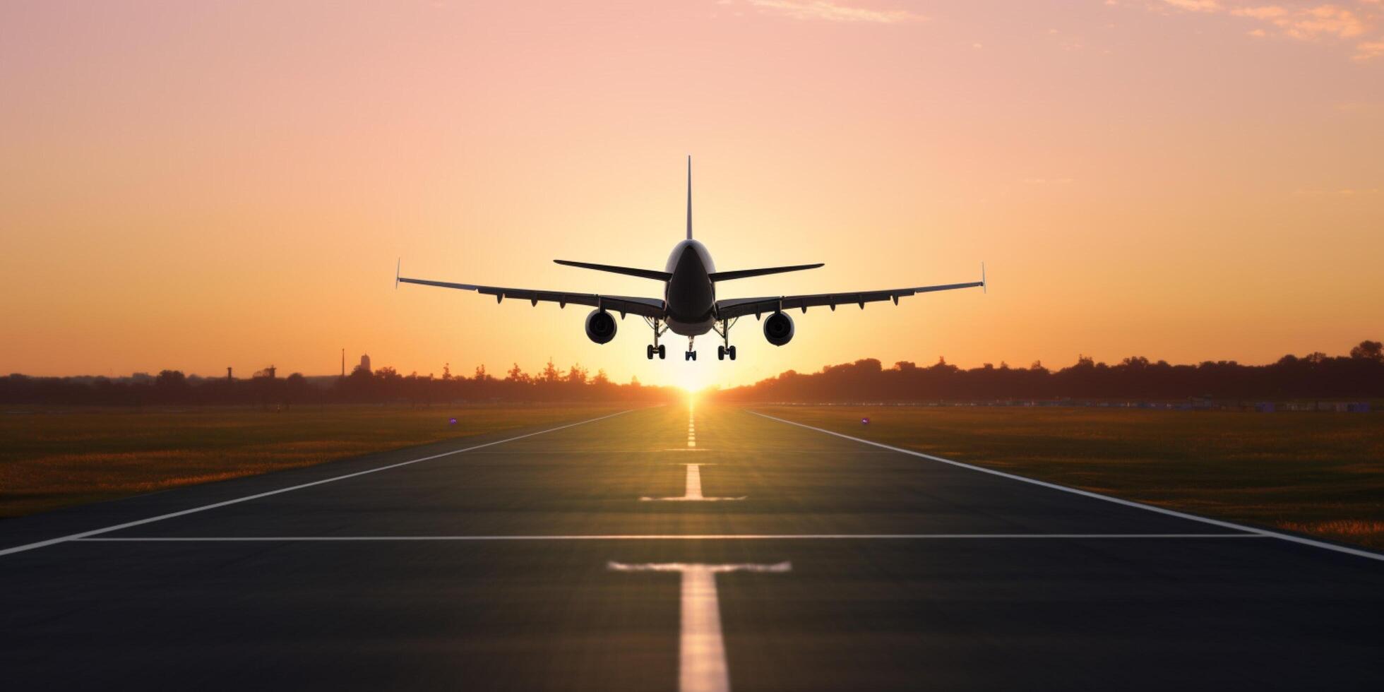Plane on a runway with sky in the background photo