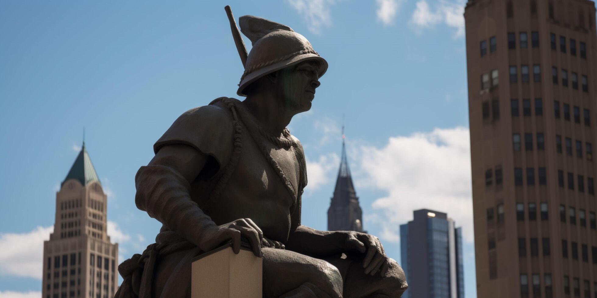 A statue of man with helmet sits in front of building photo