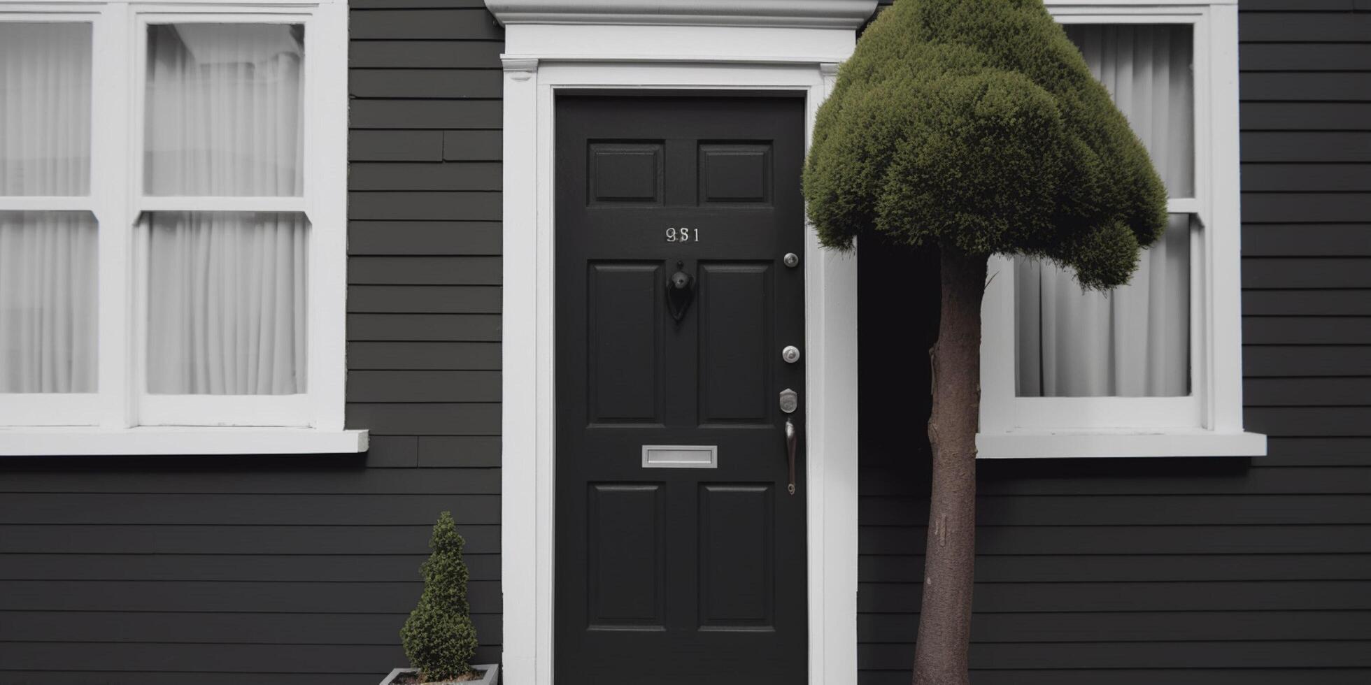 Small white house with a black door and small tree photo