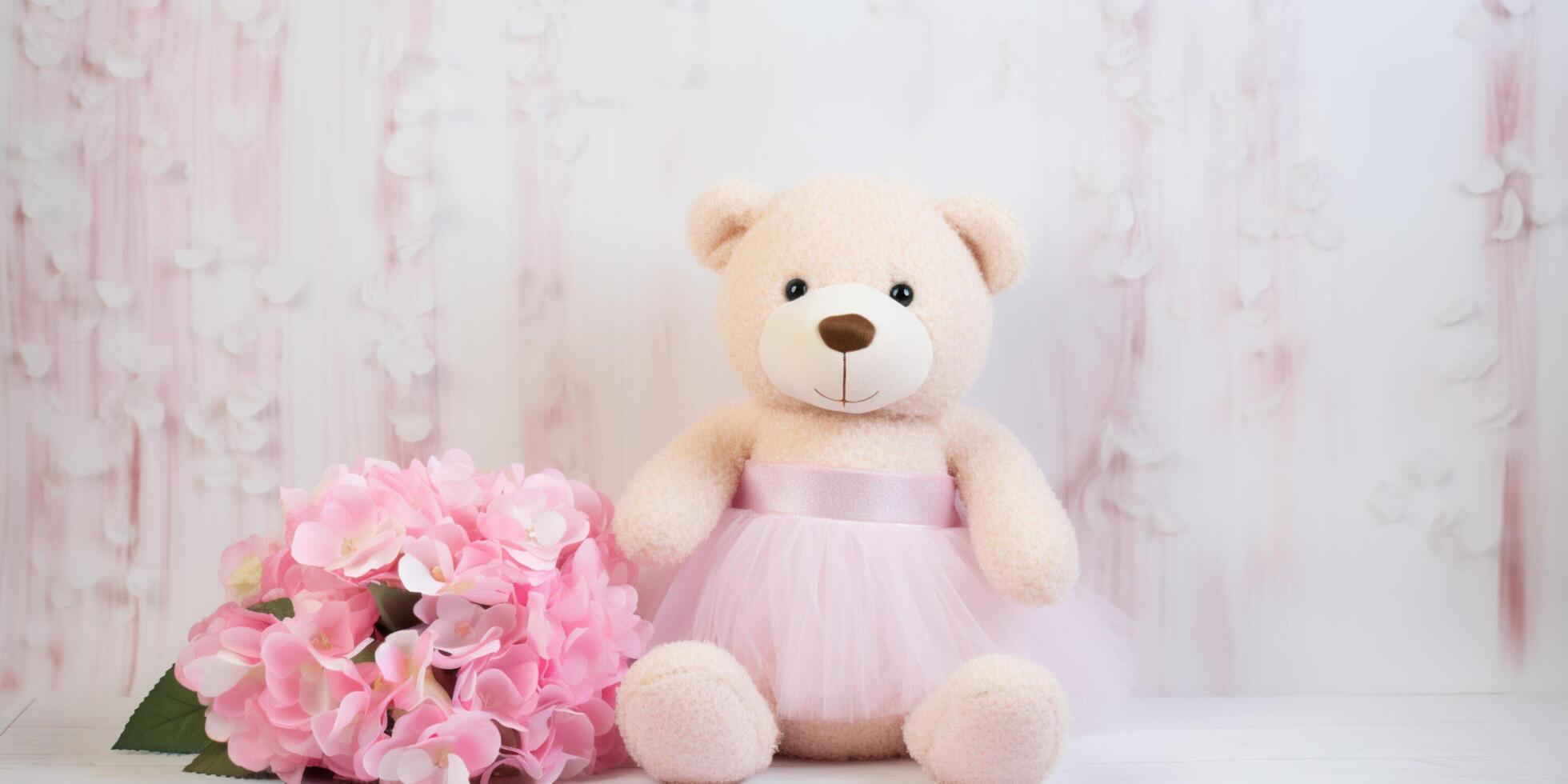 teddy bear with pink flowers and pink dress photo