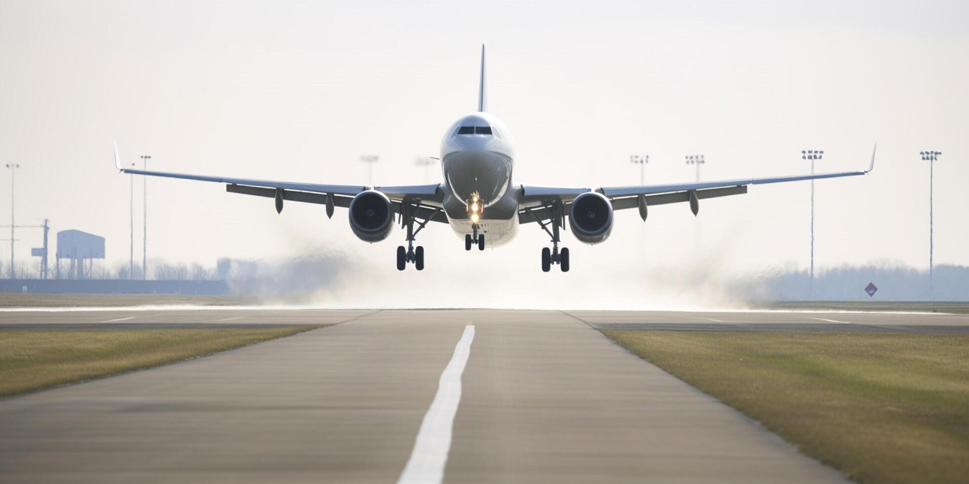 Plane on a runway with sky in the background photo