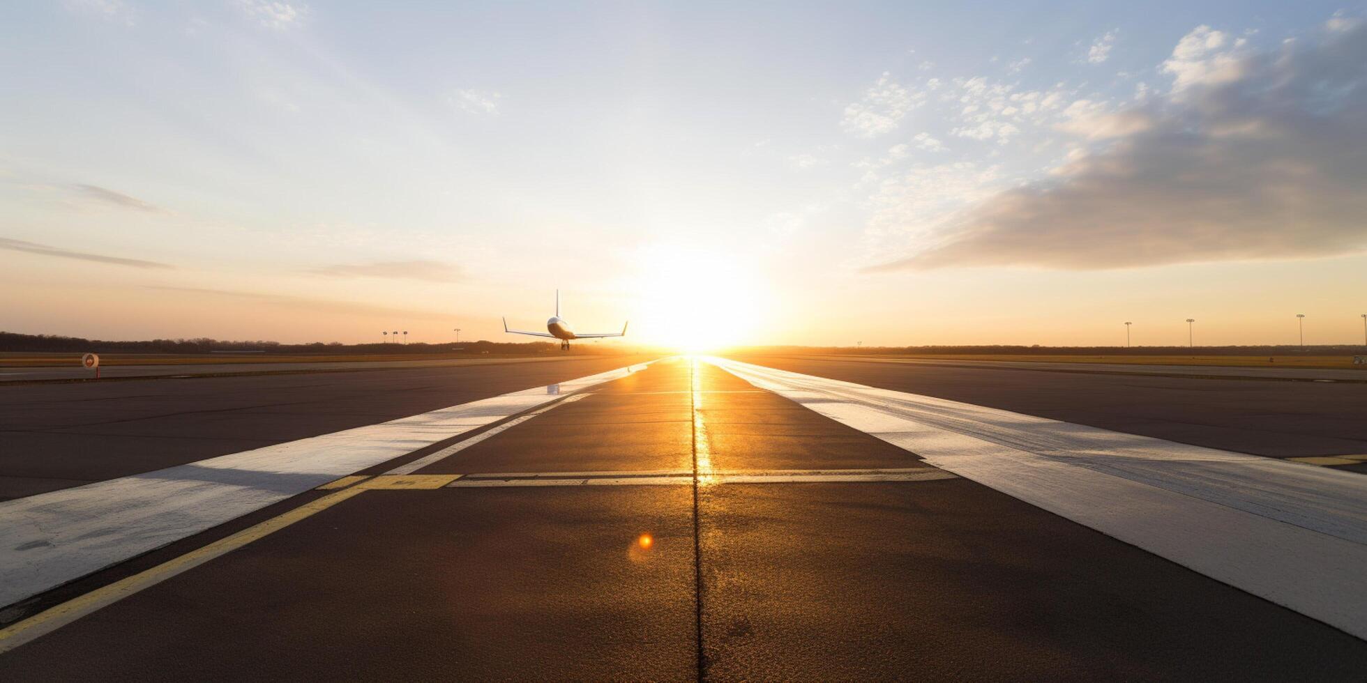 un imagen de un aeropuerto con un puesta de sol ai generado foto