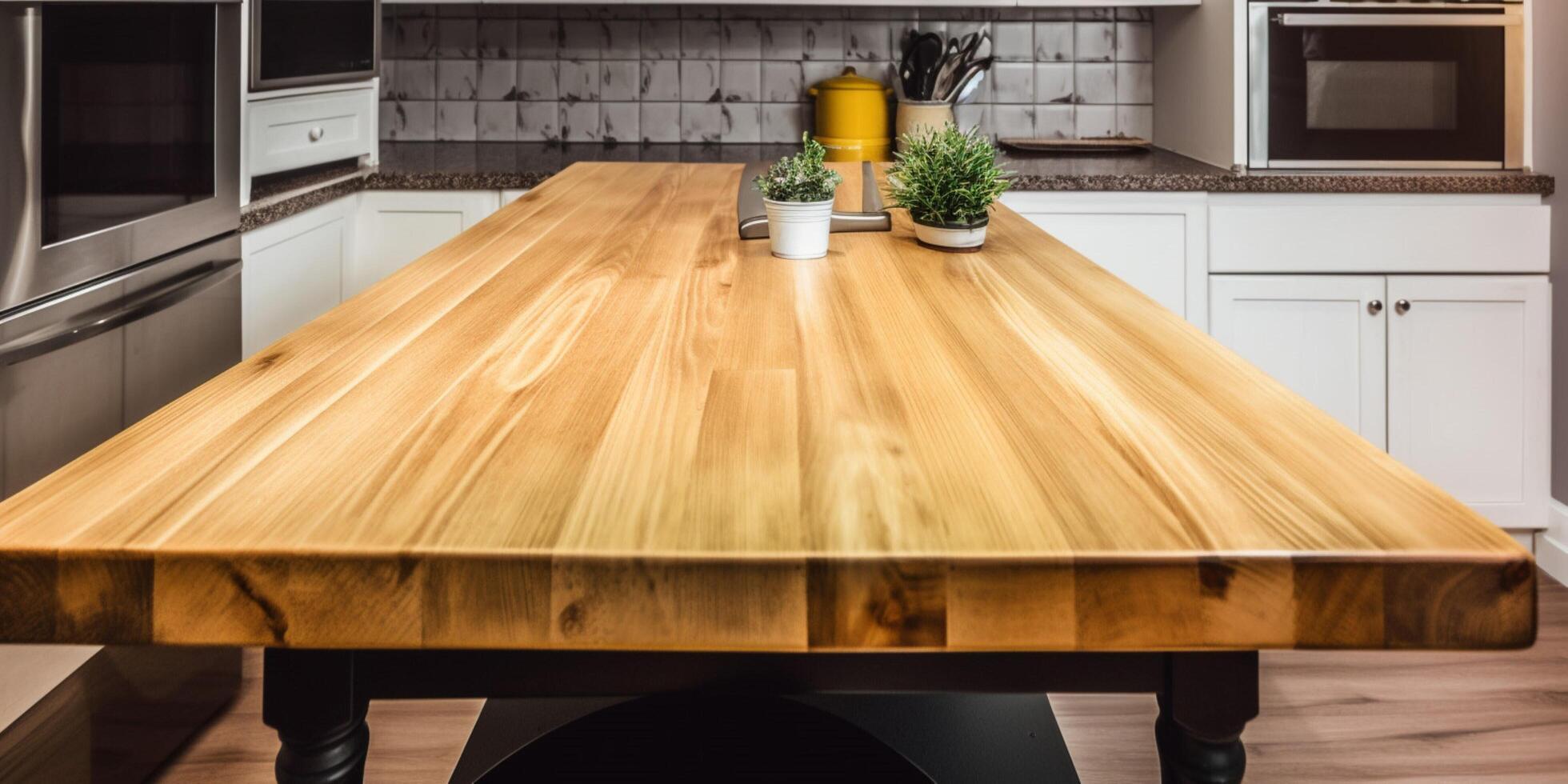 de madera mesa en cocina con estante antecedentes ai generado foto