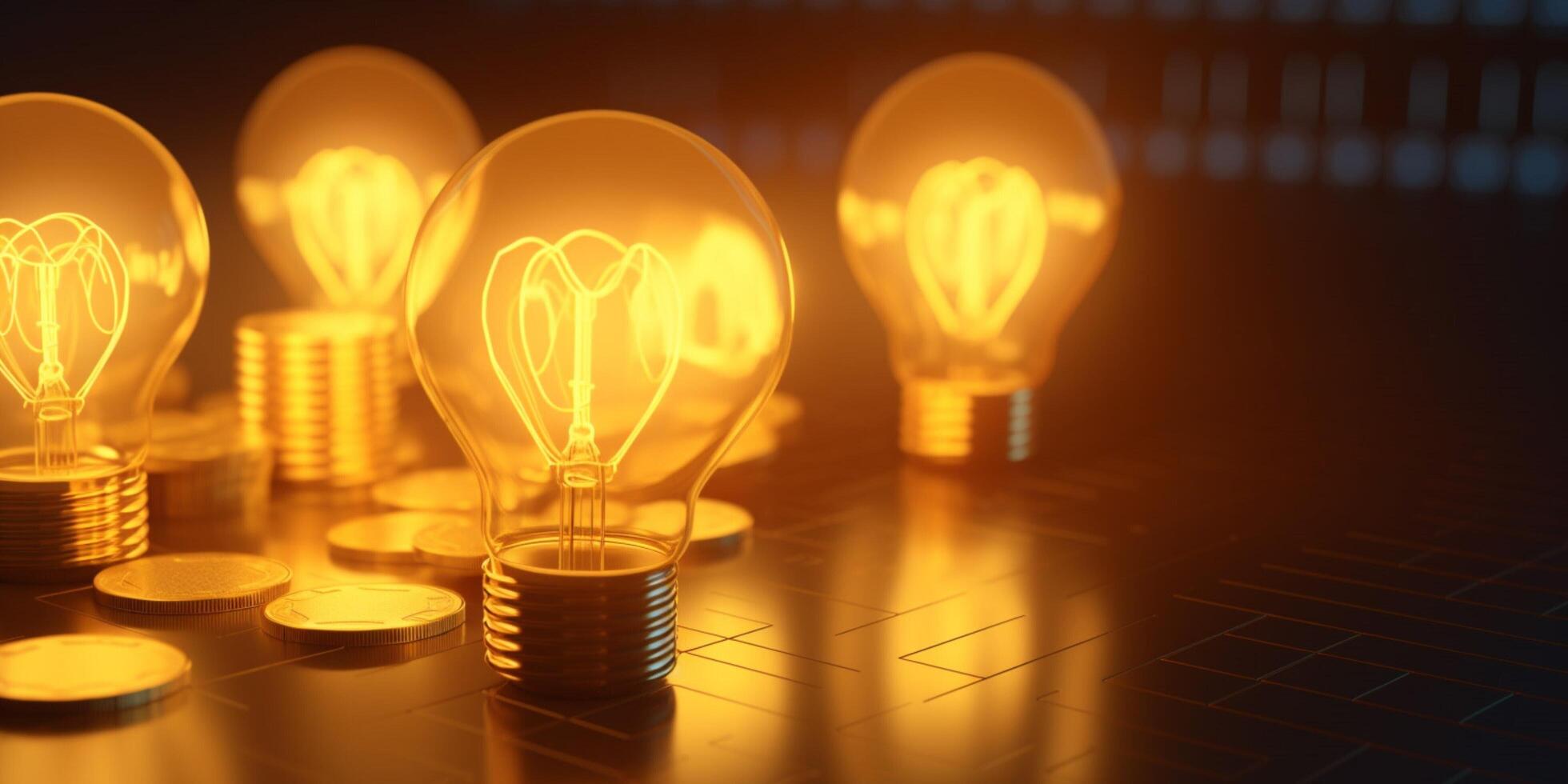 Glowing lamp bulb with coins photo
