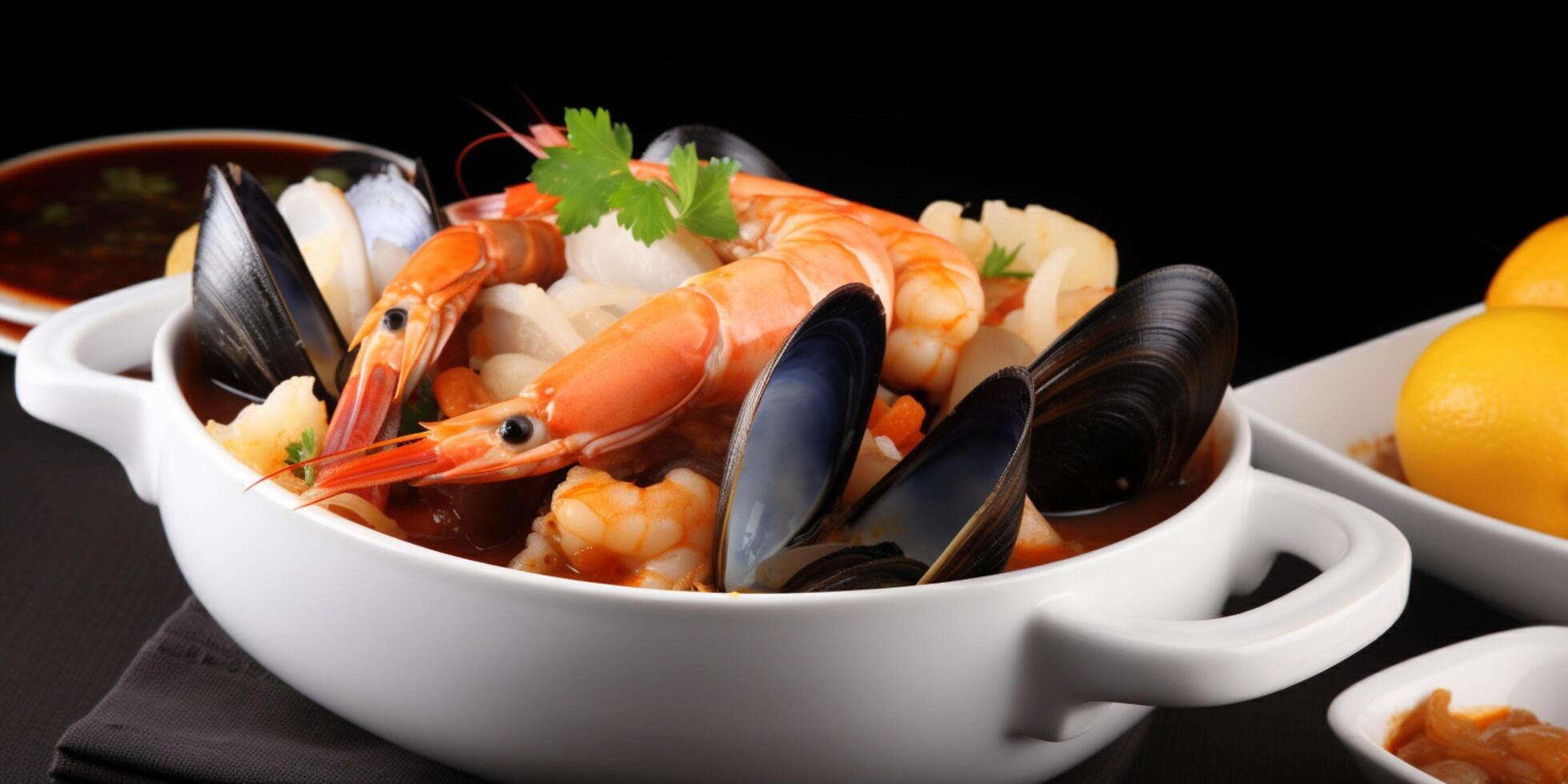 seafood stew with muscles clams shrimps and fish photo