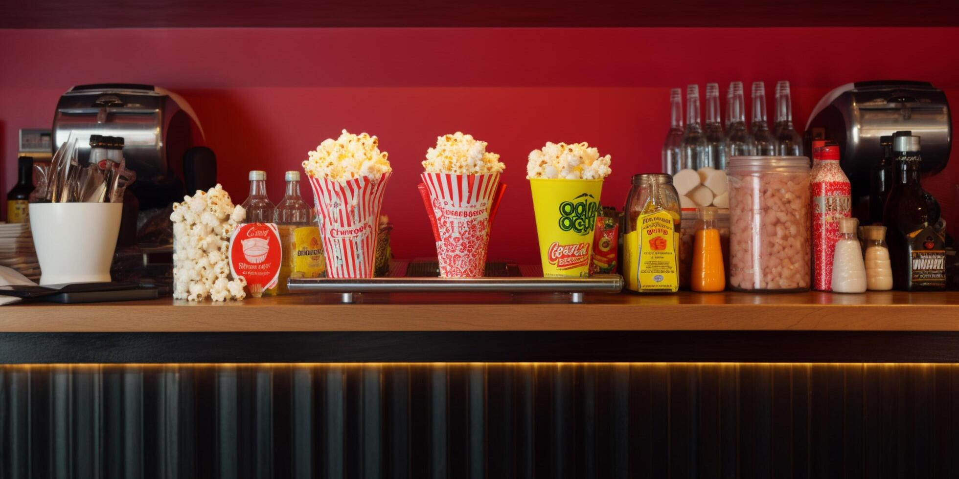 Cinema snack bar with pop corns and soft drink photo