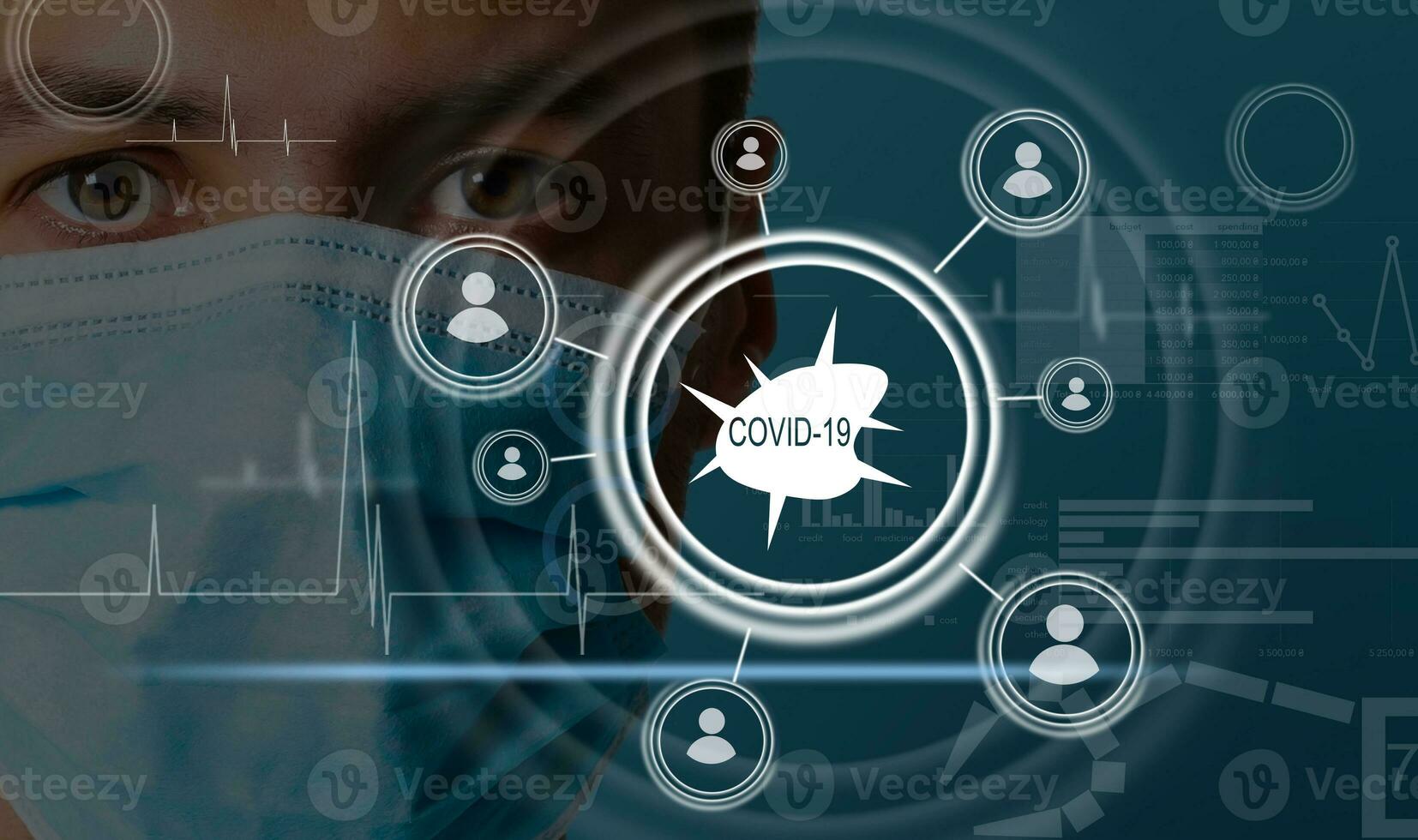 virtual illustration of covid. Doctor holding antiviral drugs, anti-viral drug against COVID-19 virus or coronavirus and modern virtual screen interface icons. photo