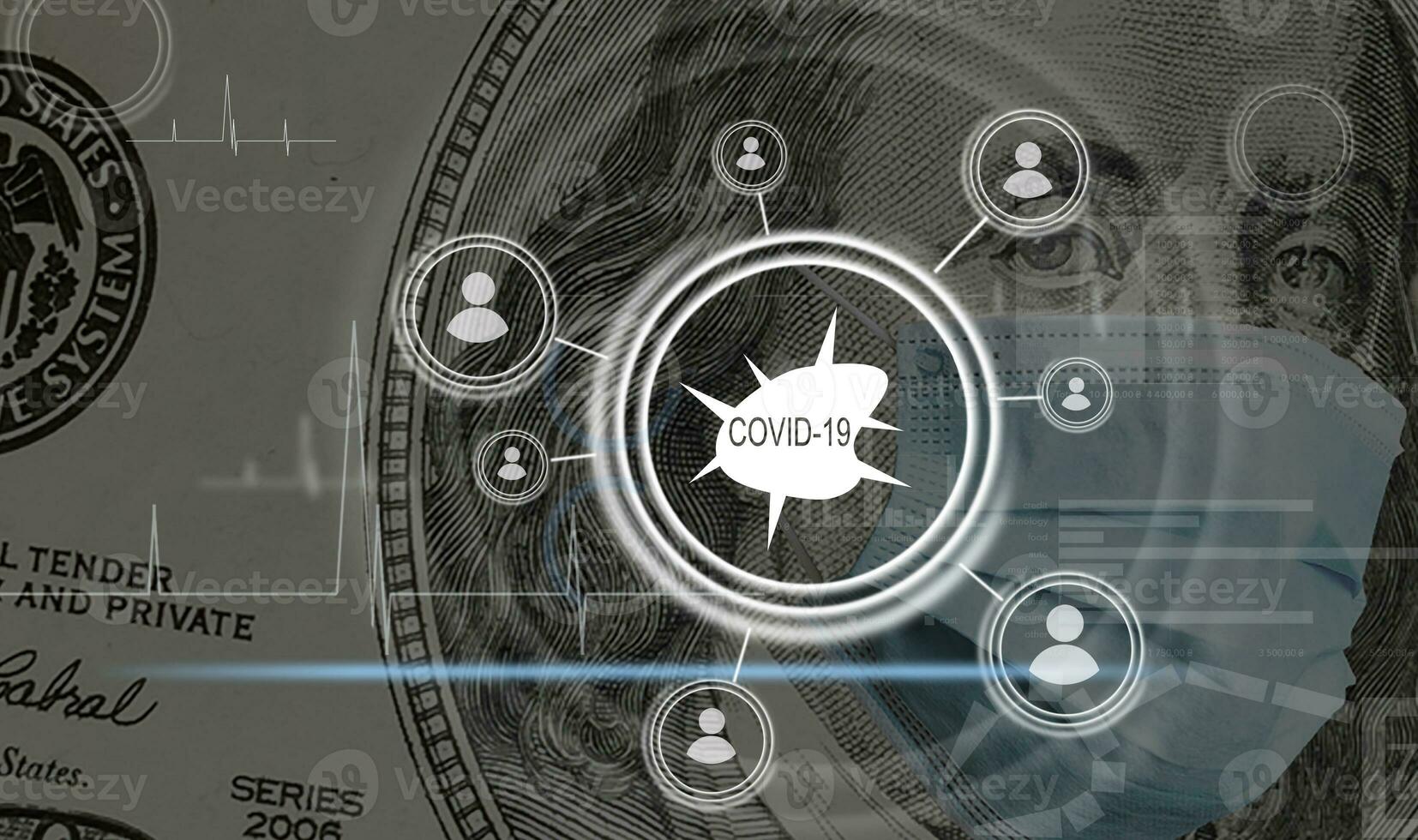 Digital illustration of a plane starting, with data processing, business and distribution during the Coronavirus Covid-19 pandemic photo