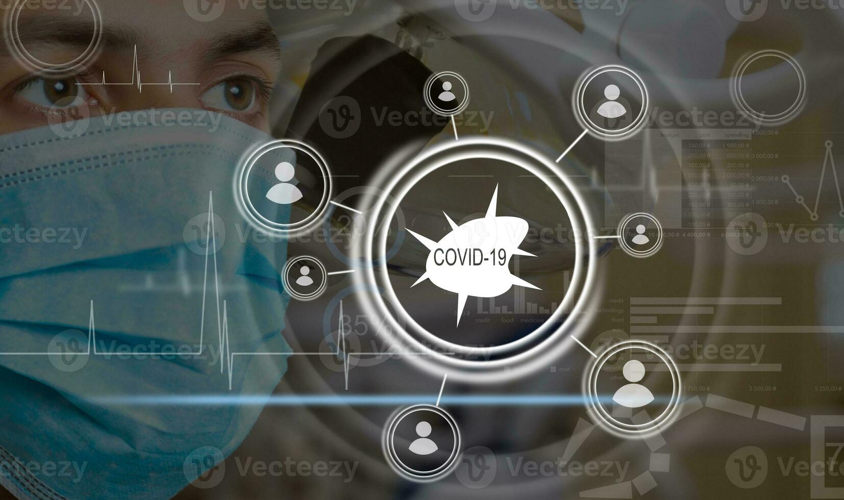 virtual illustration of covid. Doctor holding antiviral drugs, anti-viral drug against COVID-19 virus or coronavirus and modern virtual screen interface icons. photo