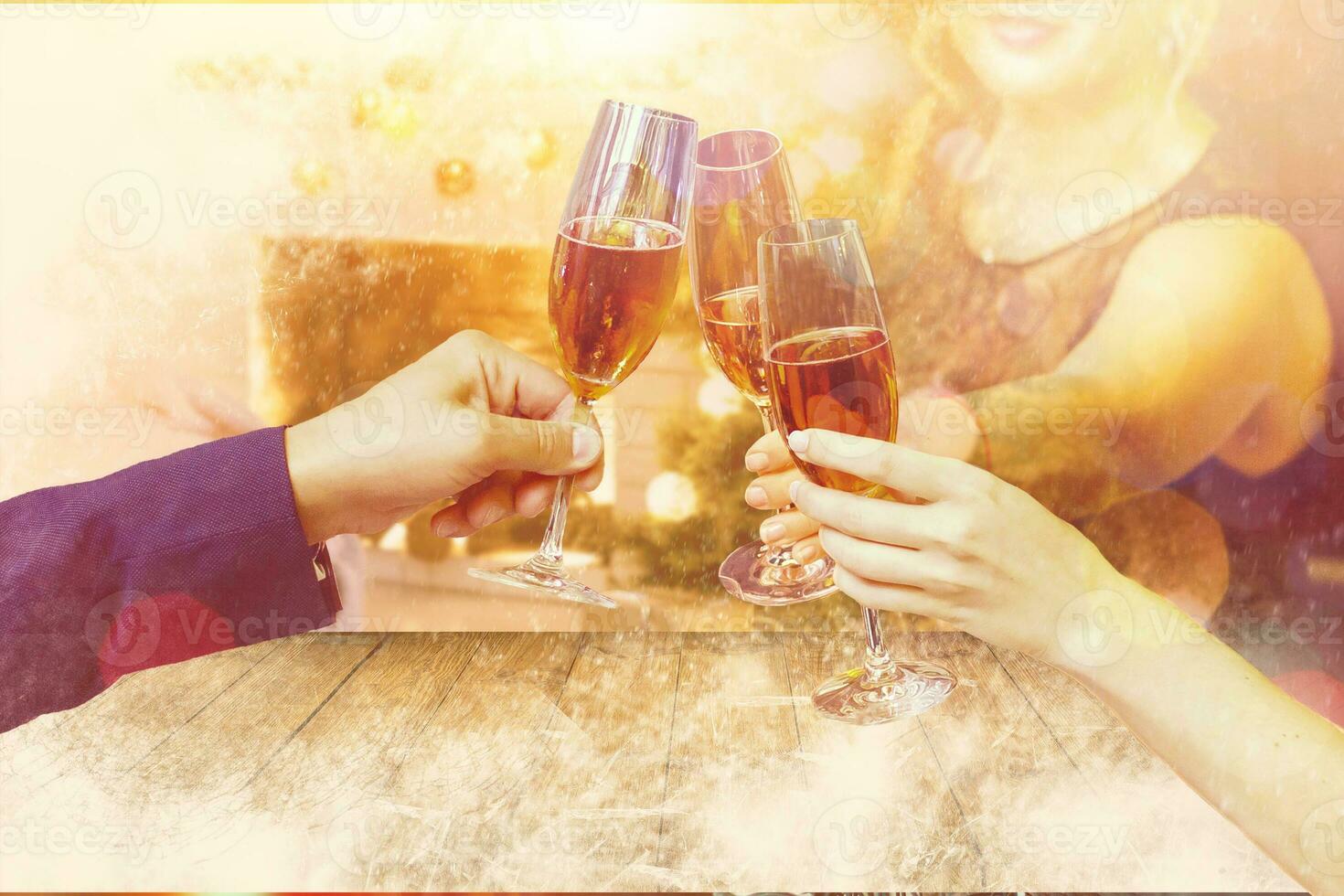 Two glasses of champagne with lights in the background. christmas background photo