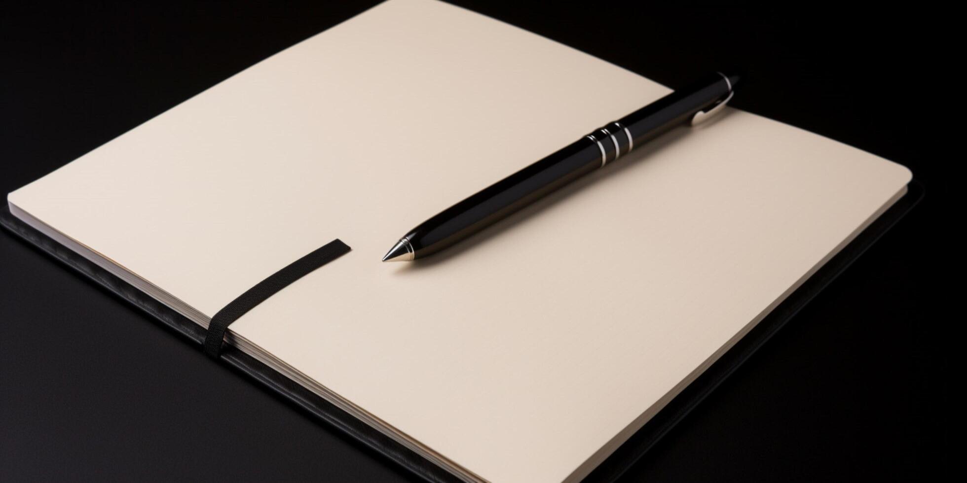 Top view of notebook and pen in dark background photo