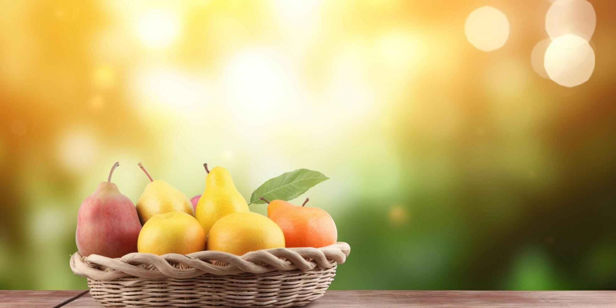 frutas cesta en un de madera mesa con difuminar selva antecedentes ai generado foto