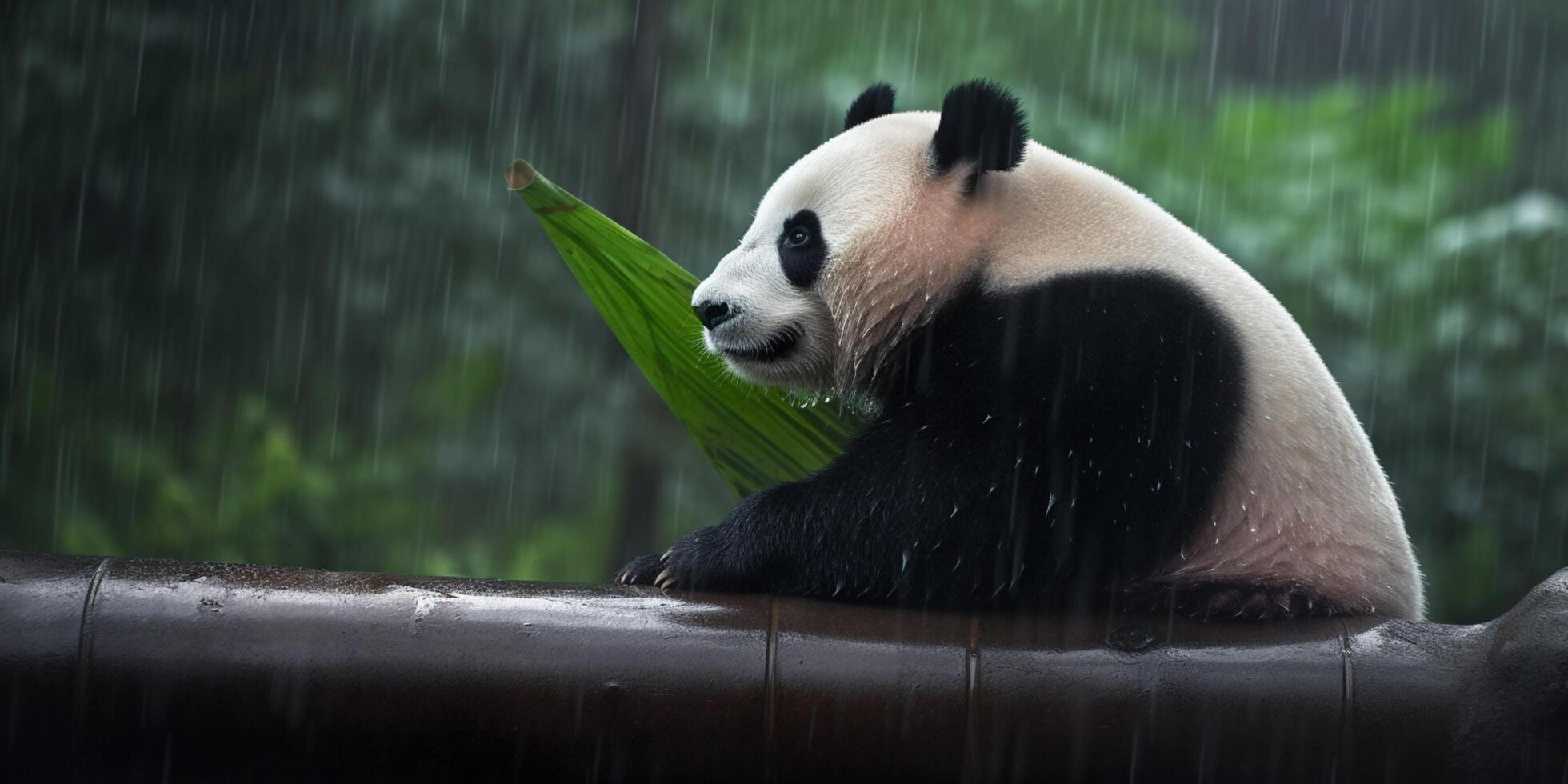 Panda sits in a rain photo