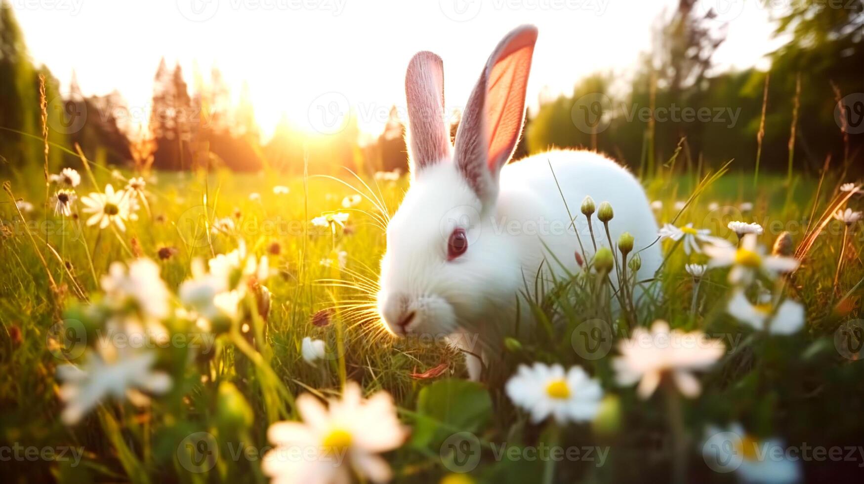 hermosa pequeño Doméstico blanco Conejo entre el césped y flores silvestres a atardecer, ai generado foto