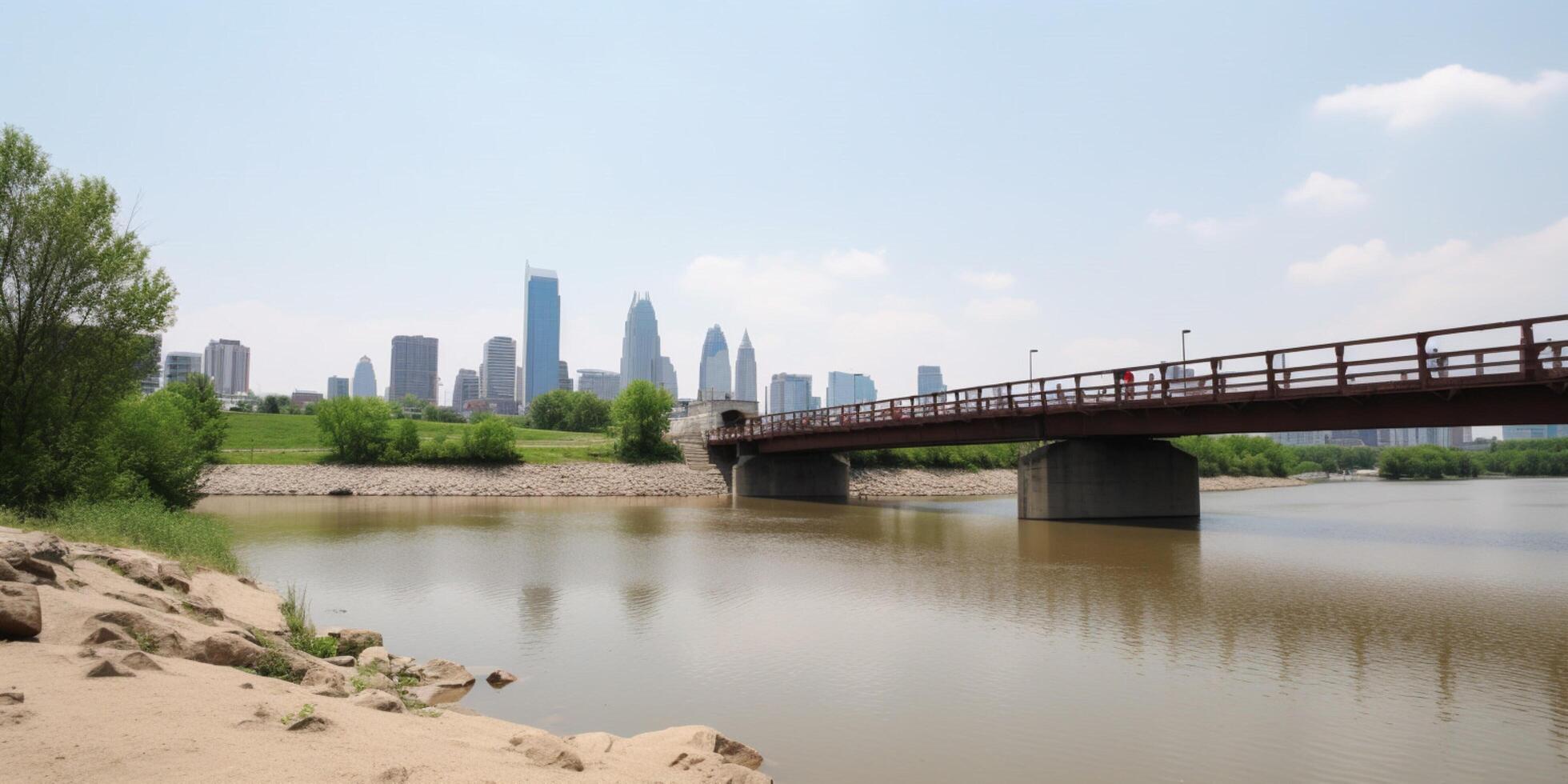 un pequeño puente terminado un río con un ciudad en el espalda ai generado foto