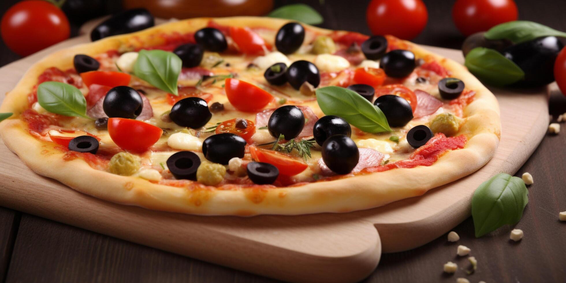 A pizza with tomatoes and olives photo