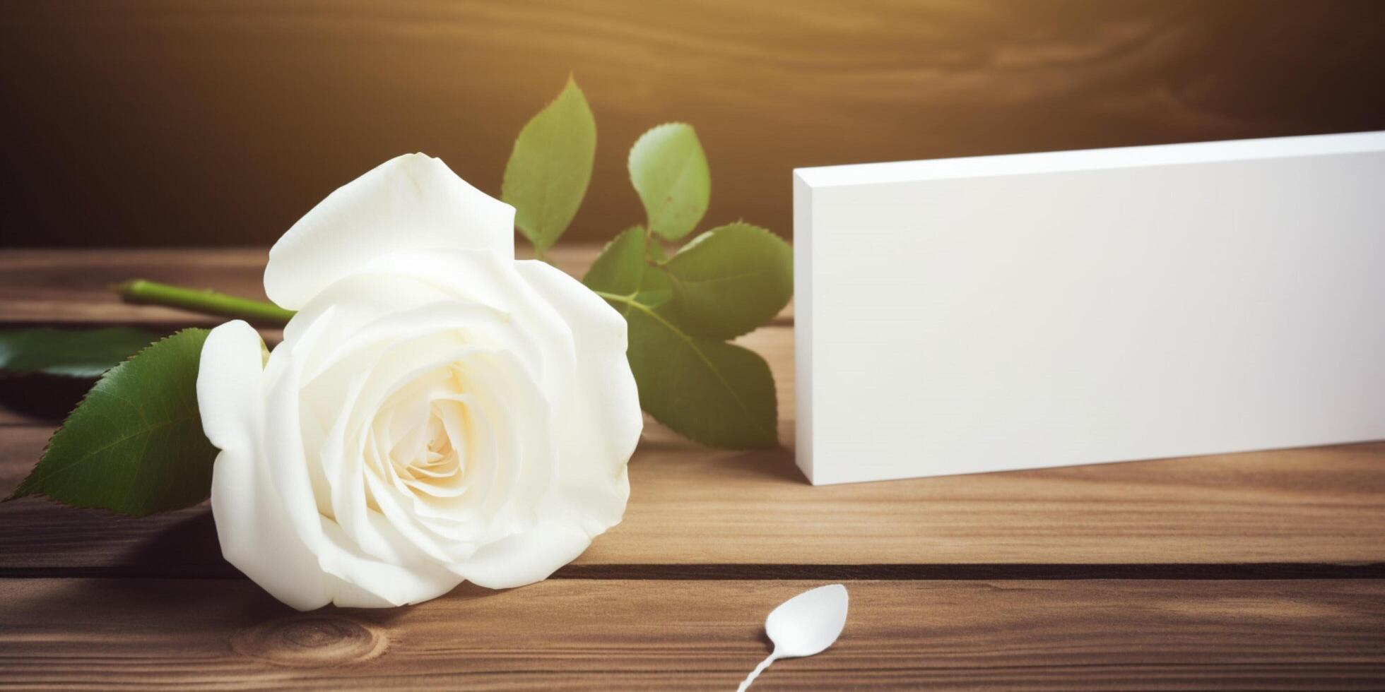White rose on a wooden desk with paper photo