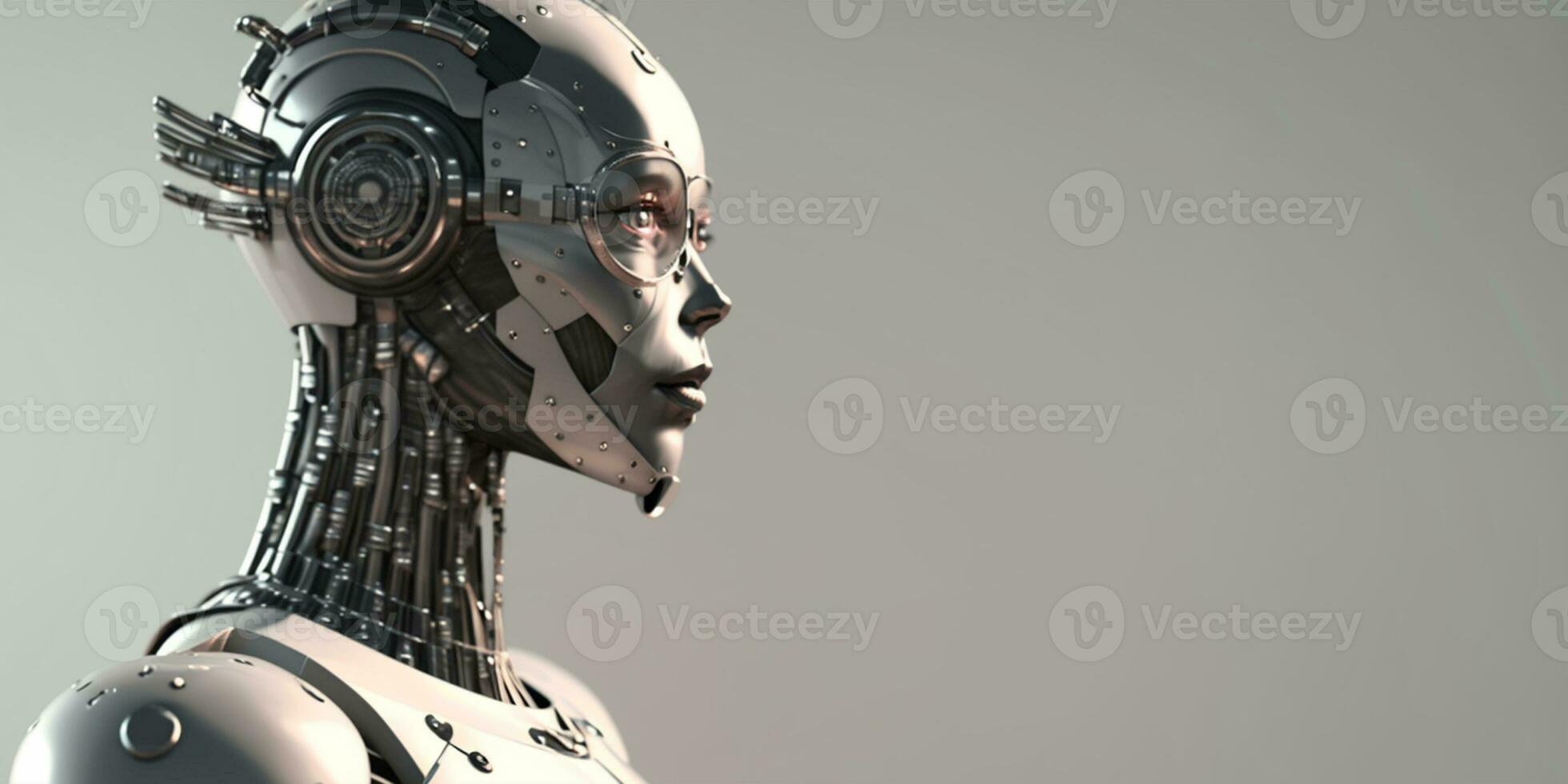 Profile portrait of robot bot ai with connected glasses white background. Synthetic humanoid robot, artificial intelligence.Portrait of gynoid,futuristic cyborg. Banner with space for text, copy space photo