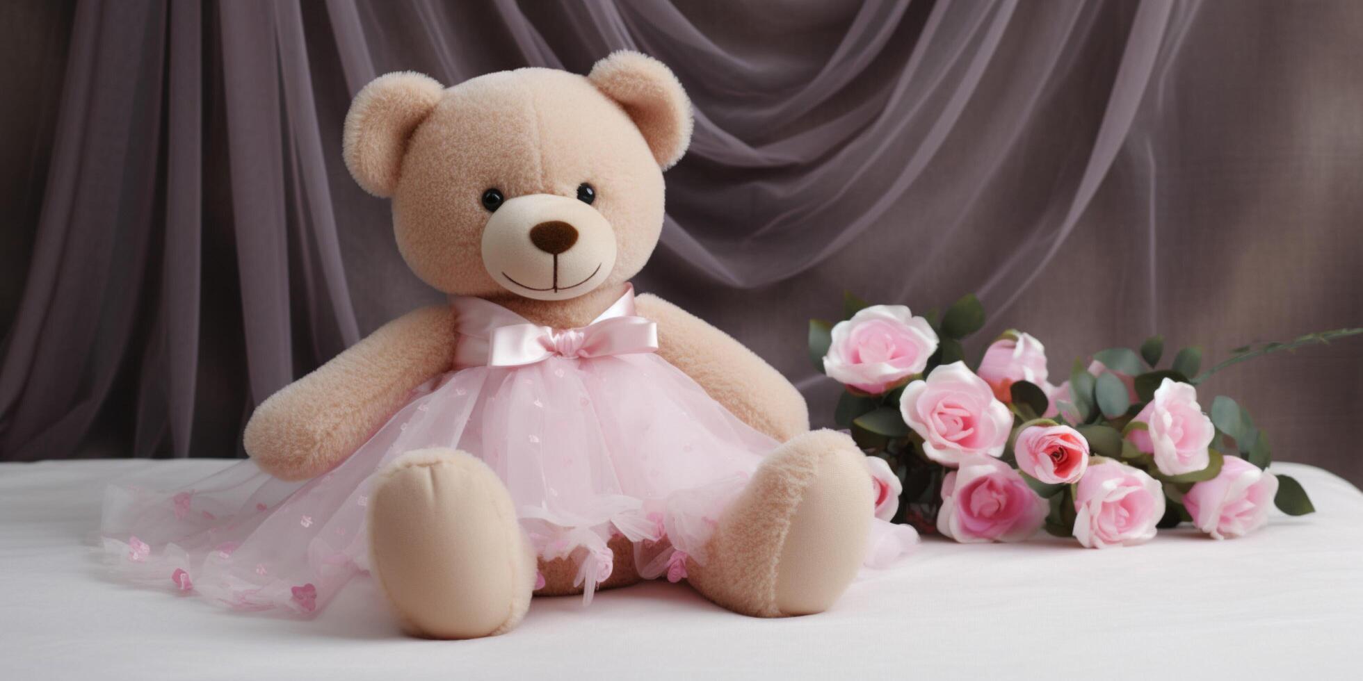 teddy bear with pink flowers and pink dress photo