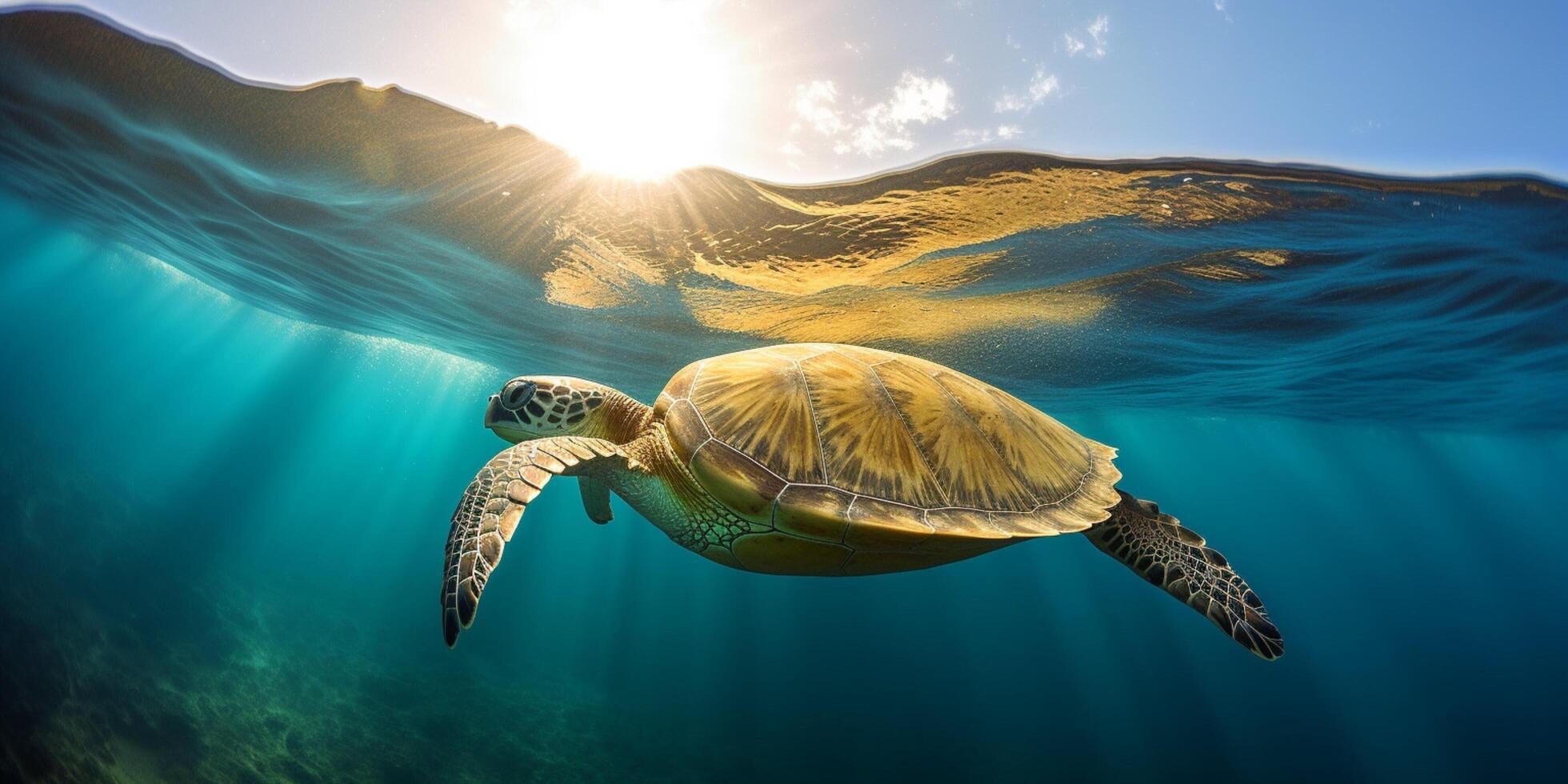 Tortuga en agua con un el plastico bolso en sus boca ai generado foto