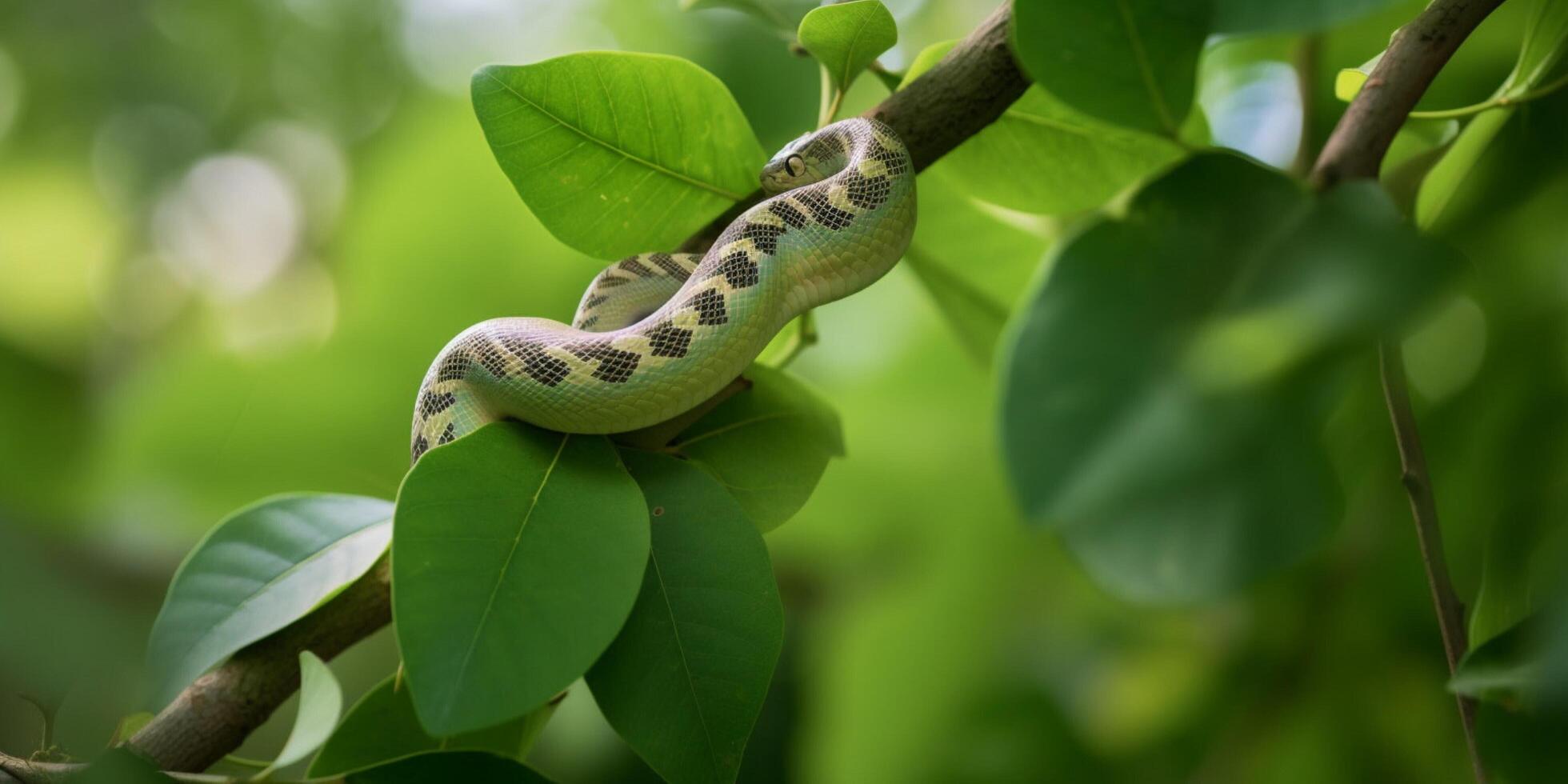 serpiente en árbol rama con verde hojas ai generado foto
