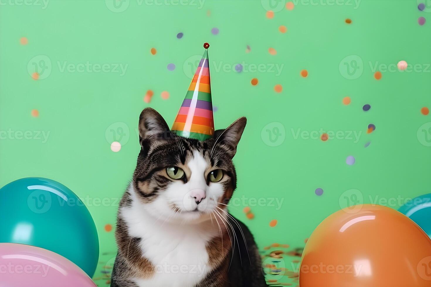 Cat wearing a party hat on green background with the balloons and confetti. . photo