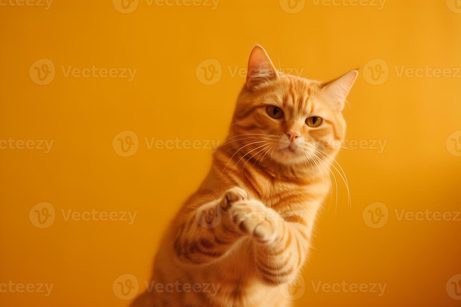 Funny ginger cat with raised front paws on orange background, copy space. . photo