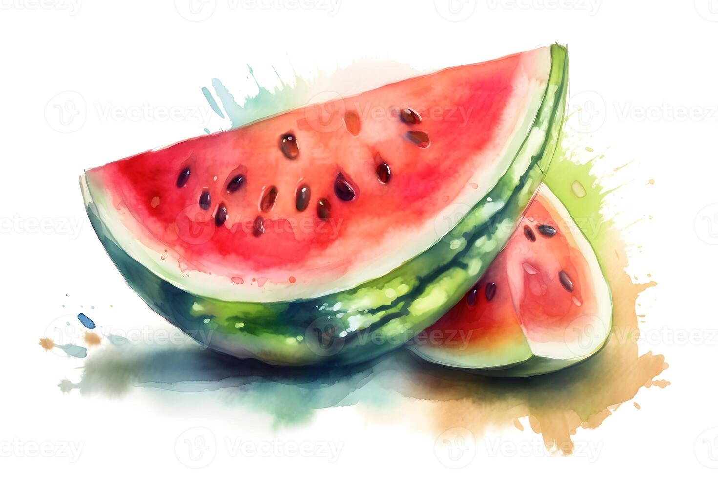 Ripe watermelon on white background with color splashes, watercolor illustration. . photo
