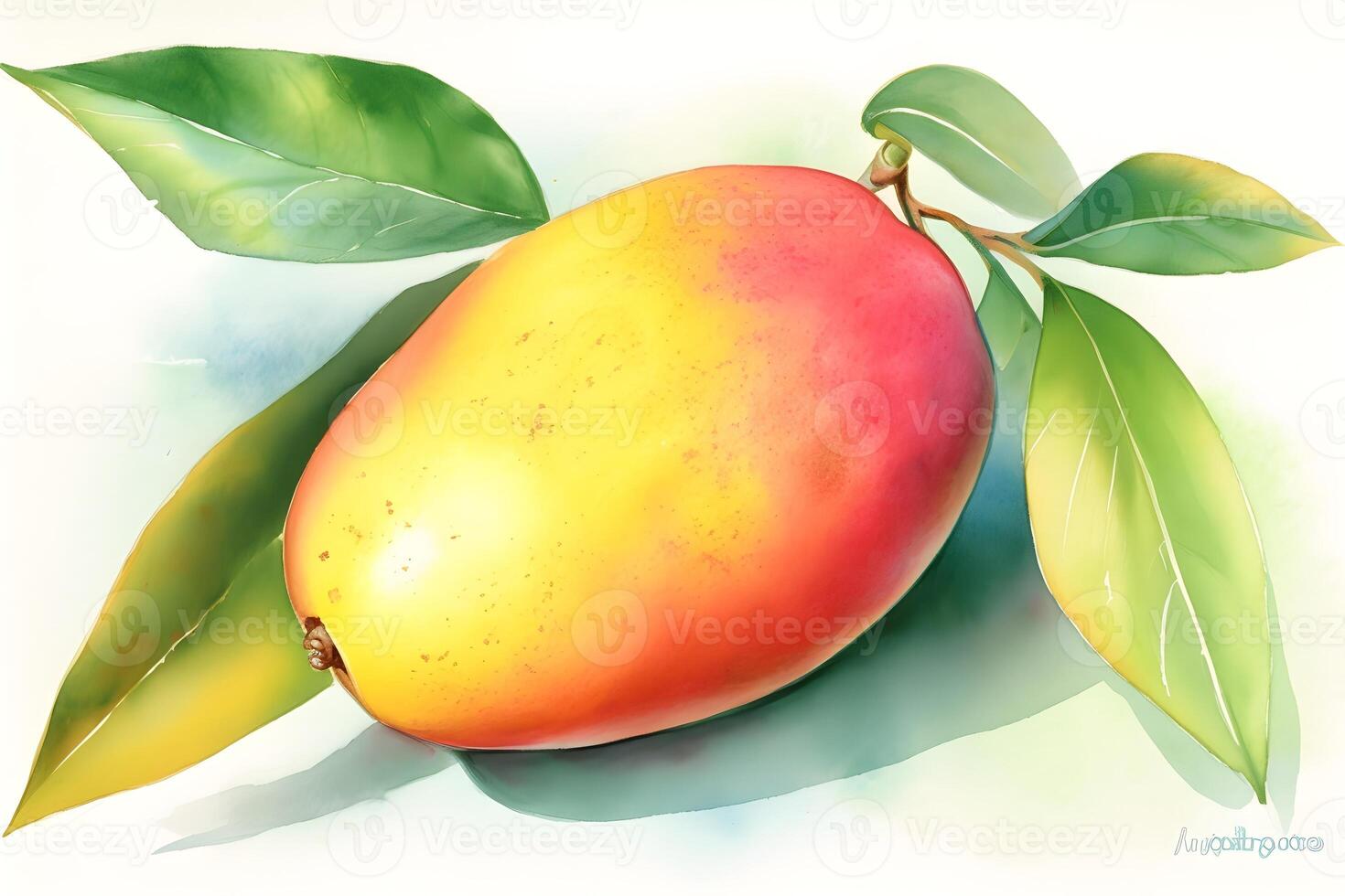 Ripe mango on white background, watercolor illustration. . photo