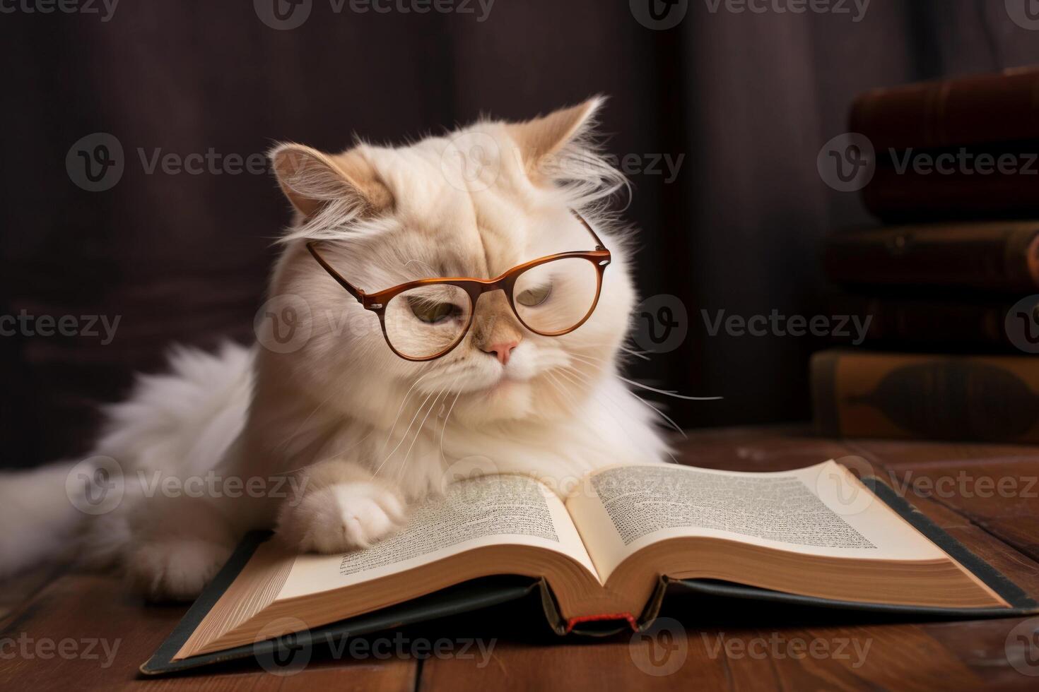 Fluffy cat in the glasses reading a book on wooden table. . photo