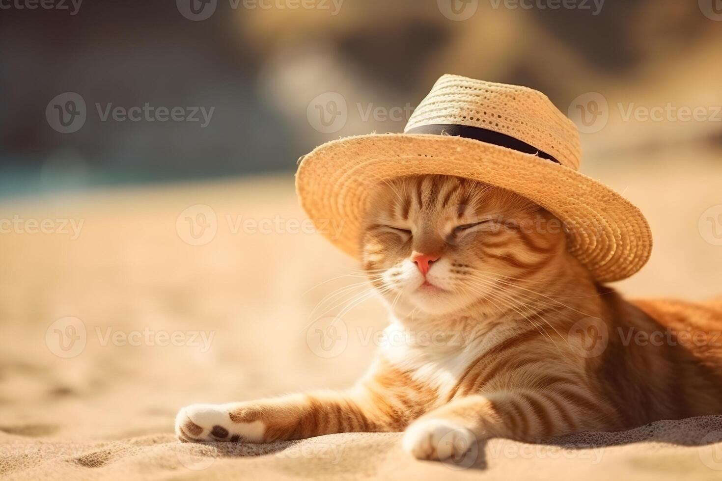 Funny cat in a hat lies on the sand on the beach on a sunny summer day. Recreation and vacation concept. . photo