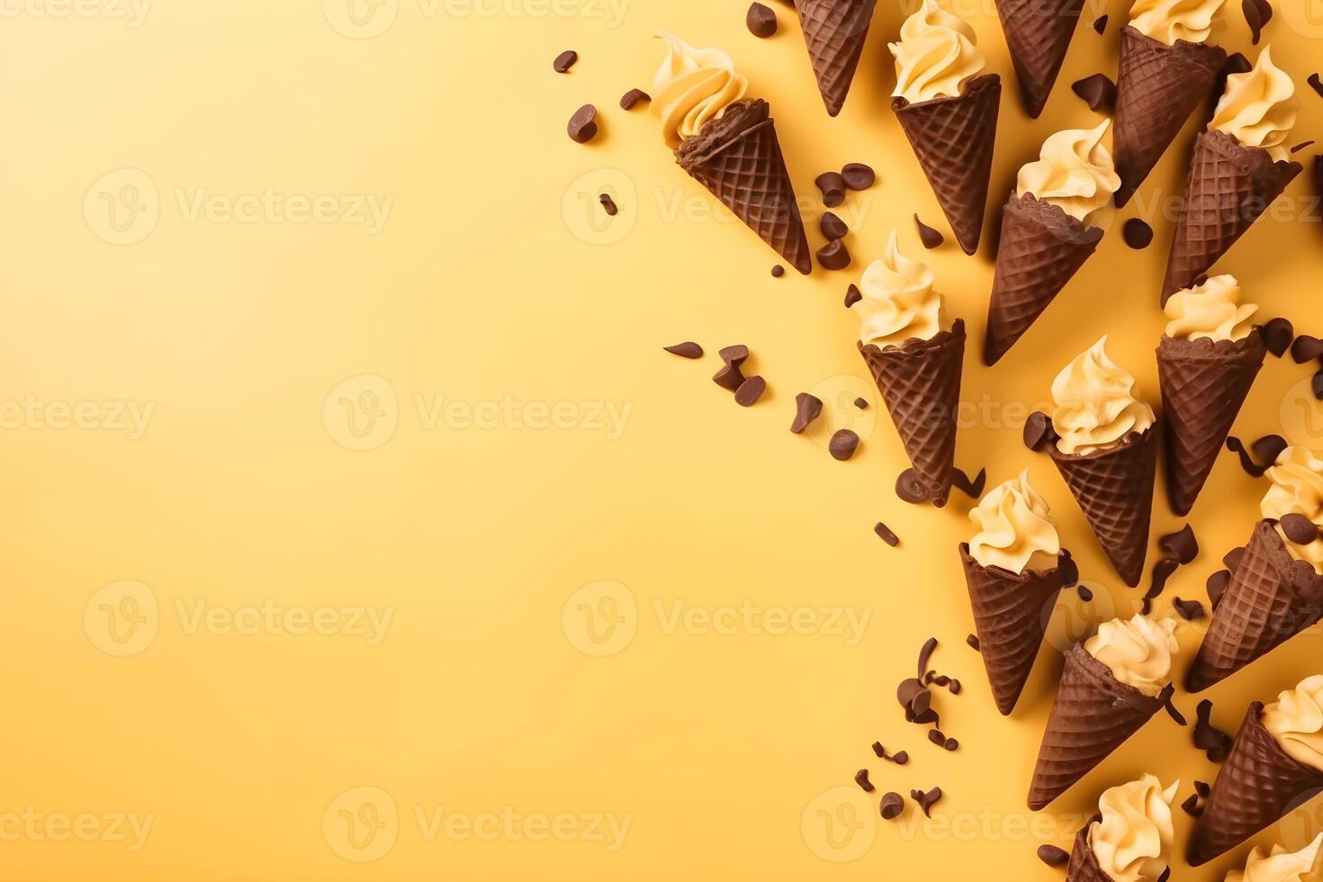 Ice cream in chocolate waffle cones and chocolate chips on yellow background with copy space, top view. . photo